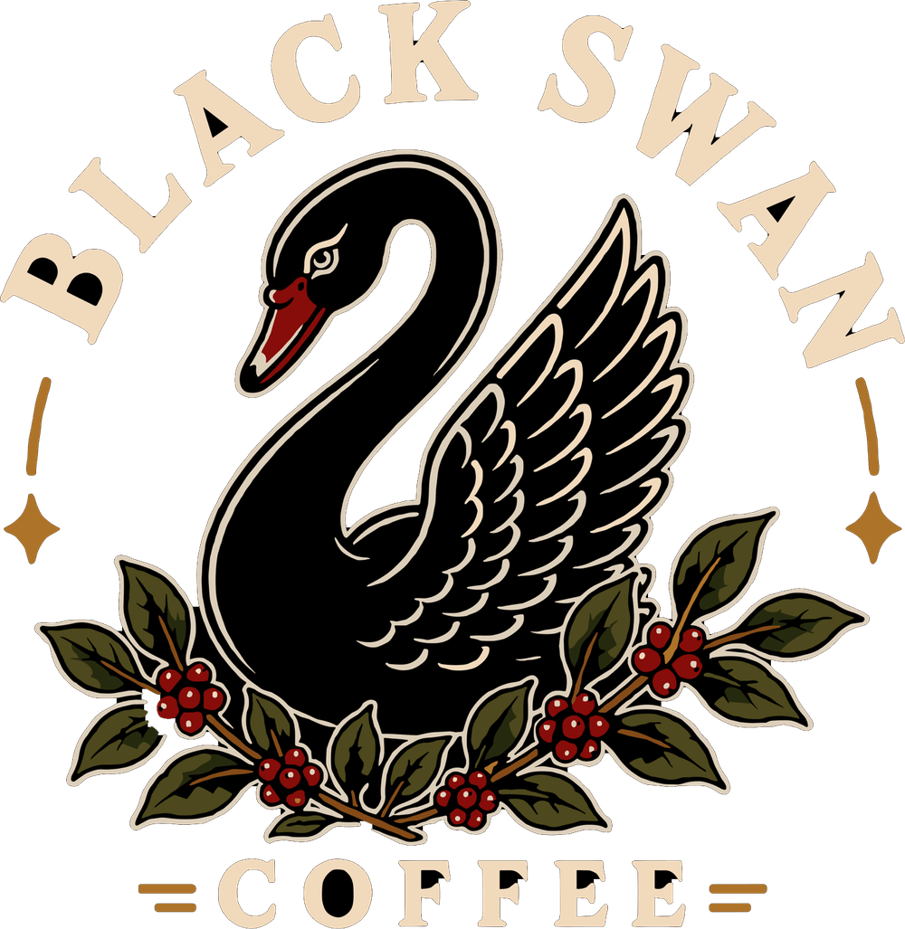 Black Swan Coffee logo: a black swan with coffee cherries and leaves